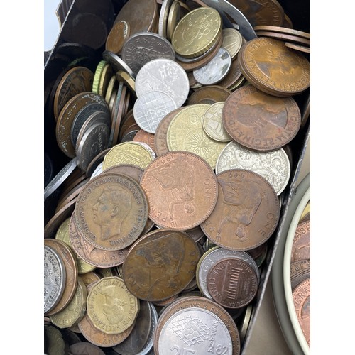 405 - BOX OF PRE DECIMAL GB COINS, COMMEMORATIVE ROYALTY CROWNS, CHURCHILL CROWNS, DIMPLEX GLASS BOTTLE OF... 