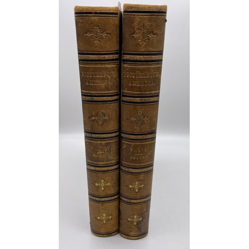 401 - TWO VOLUMES OF PICTURESS AMERICA BY WILLIAM CULLEN BRYANT WITH ILLUSTRATIONS GILT LEATHER BOUND SPIN... 