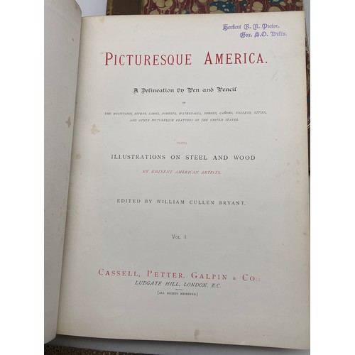 401 - TWO VOLUMES OF PICTURESS AMERICA BY WILLIAM CULLEN BRYANT WITH ILLUSTRATIONS GILT LEATHER BOUND SPIN... 