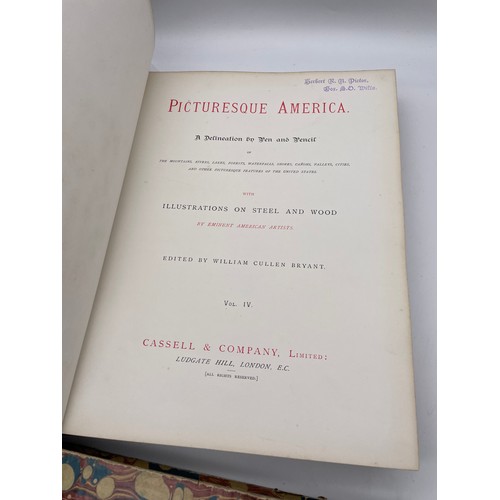 401 - TWO VOLUMES OF PICTURESS AMERICA BY WILLIAM CULLEN BRYANT WITH ILLUSTRATIONS GILT LEATHER BOUND SPIN... 