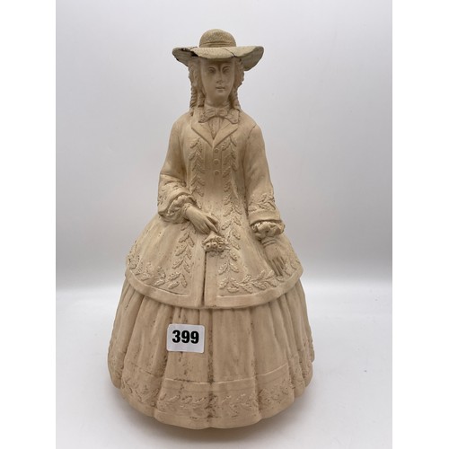 399 - 19TH CENTURY BISCUIT PORCELAIN FIGURE OF A LADY IN CRINOLIN DRESS IMPRESSED SMB TO BASE 33cm