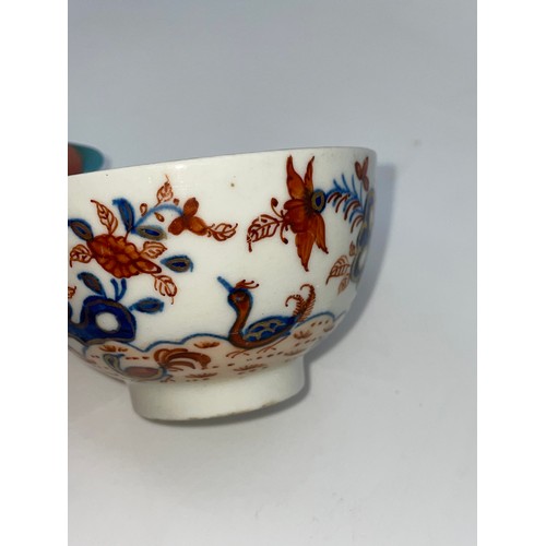 417 - 18TH CENTURY LOWESTOFT TEA BOWL AND SAUCER REDGRAVE PATTERN