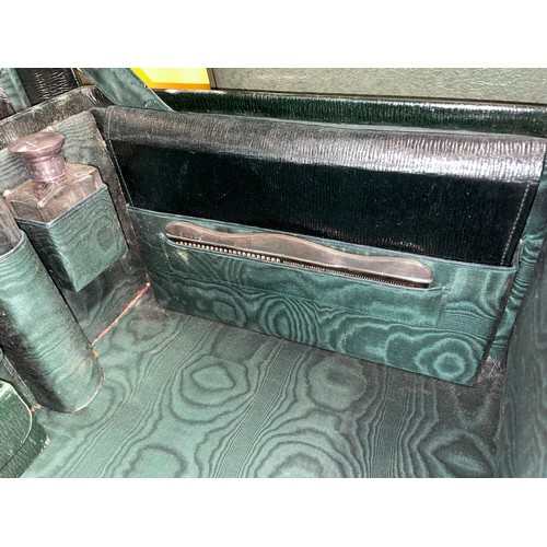 541 - MOROCCAN GREEN LEATHER TRAVELLING VANITY CASE BY WALKER AND HALL FITTED WITH SILVER TOPPED BOTTLES A... 