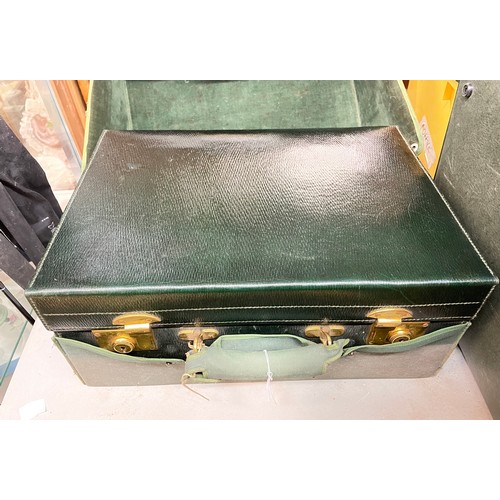 541 - MOROCCAN GREEN LEATHER TRAVELLING VANITY CASE BY WALKER AND HALL FITTED WITH SILVER TOPPED BOTTLES A... 