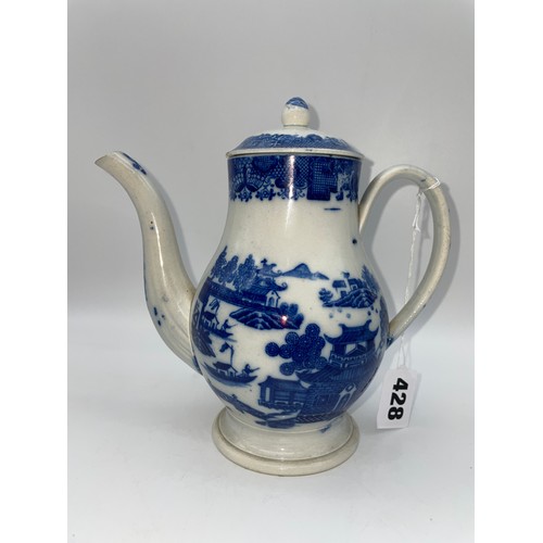 428 - 18TH CENTURY BLUE AND WHITE COFFEE POT 17cm