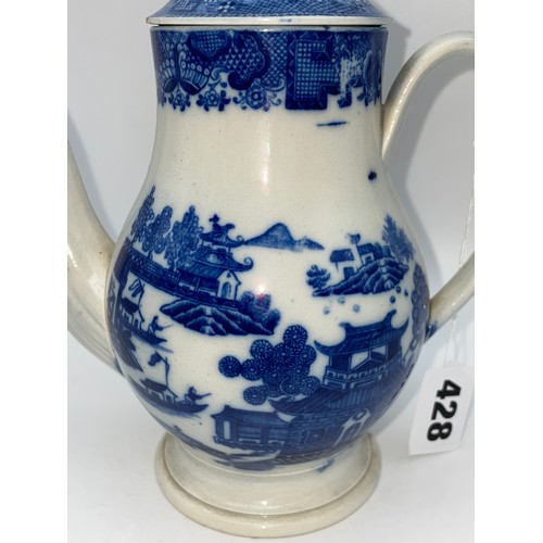 428 - 18TH CENTURY BLUE AND WHITE COFFEE POT 17cm