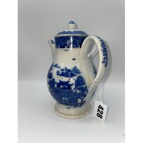 428 - 18TH CENTURY BLUE AND WHITE COFFEE POT 17cm