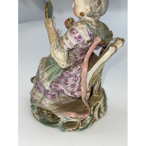 425 - MEISSEN SEATED FIGURE OF A LADY HOLDING HAND MIRROR A/F 13cm, BERLIN BLANC DE CHINE SEATED LEVERET 8... 