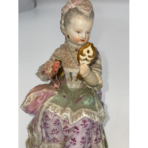 425 - MEISSEN SEATED FIGURE OF A LADY HOLDING HAND MIRROR A/F 13cm, BERLIN BLANC DE CHINE SEATED LEVERET 8... 