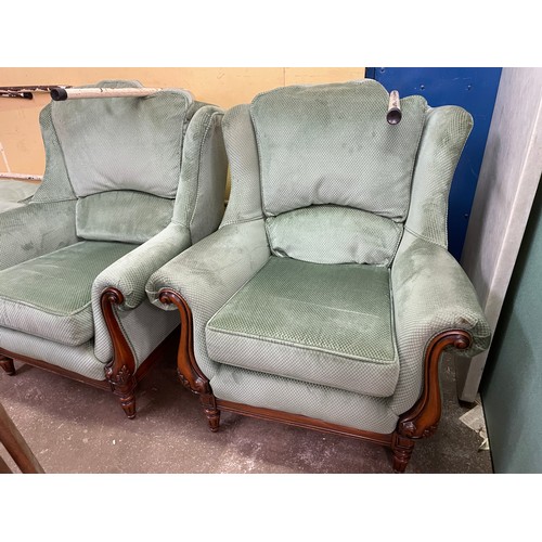 101 - MINT GREEN LOZENGE DRALON UPHOLSTERED SHOW FRAME THREE PIECE SUITE WITH FOOT STOOL