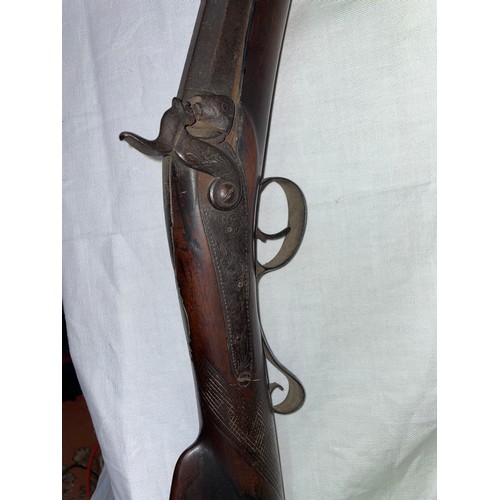 355 - 19TH CENTURY SINGLE BARRELLED CUSHION CAP RIFLE WITH ENGRAVED PLATE BY SMITH, WITH A WALNUT HATCHED ... 