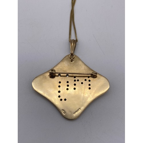 464 - 9CT GOLD SHAPED PENDANT CRESTED WITH STONES SAYING MIJ ON A 9CT GOLD FLAT CURB LINK CHAIN WITH DIAMO... 