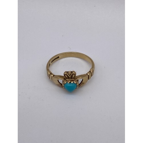 466 - 9CT GOLD TURQUOISE STONE CLADDAGH RING SIZE K 1.9G APPROX