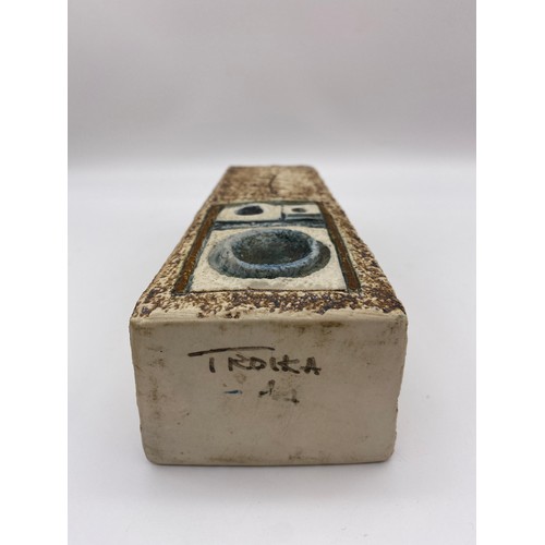 391 - TROIKA POTTERY COFFIN VASE WITH GEOMETRIC DESIGN 17cm