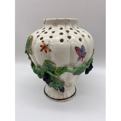 361 - 18TH CENTURY RIBBED OVOID POT POURRI DECORATED WITH INSECTS AND GRAPEVINES AND A BLANC DE CHINE TEAC... 