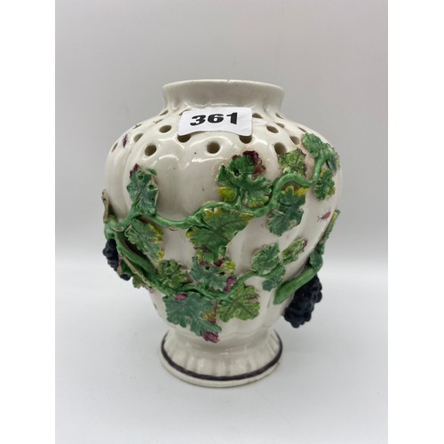 361 - 18TH CENTURY RIBBED OVOID POT POURRI DECORATED WITH INSECTS AND GRAPEVINES AND A BLANC DE CHINE TEAC... 