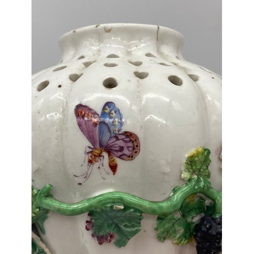 361 - 18TH CENTURY RIBBED OVOID POT POURRI DECORATED WITH INSECTS AND GRAPEVINES AND A BLANC DE CHINE TEAC... 