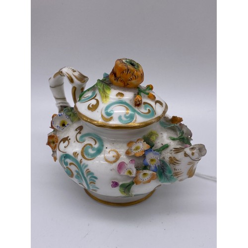 331 - 19TH CENTURY MINIATURE COALBROOKDALE STYLE FLORAL ENCRUSTED TEAPOT A/F AND A LOBED PORCELAIN GORD SC... 