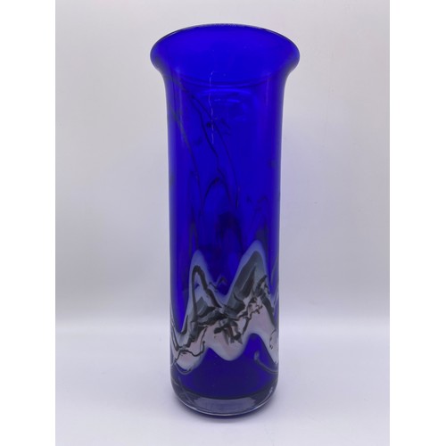 386 - ADRIAN SANKEY BRISTOL BLUE AND MARBLED CYLINDRICAL VASE AND A SQUAT BLUE MARBLED VASE BEARS SIGNATUR... 