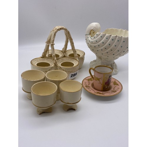 286 - FOUR PIECE LATTICE BASKET EGG CRUET, AND A CONTINENTAL CONCH SHELL VASE