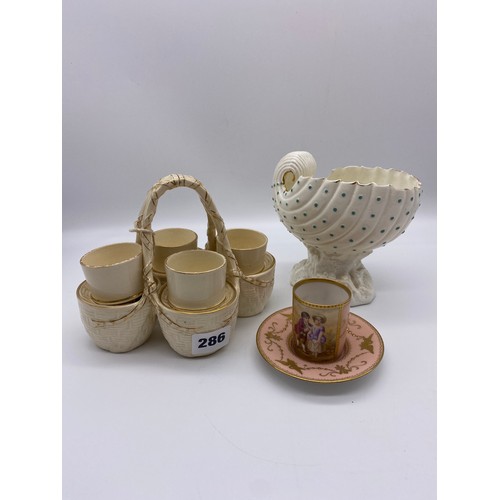 286 - FOUR PIECE LATTICE BASKET EGG CRUET, AND A CONTINENTAL CONCH SHELL VASE