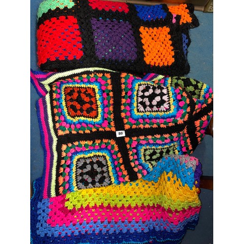 80 - THREE CROCHET WORK WOOLEN BLANKETS