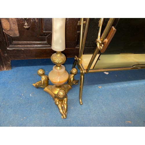 84 - PAIR OF ONYX PEDESTAL FIGURAL ASHTRAYS AND A BRASS AND GLAZED MAGAZINE RACK