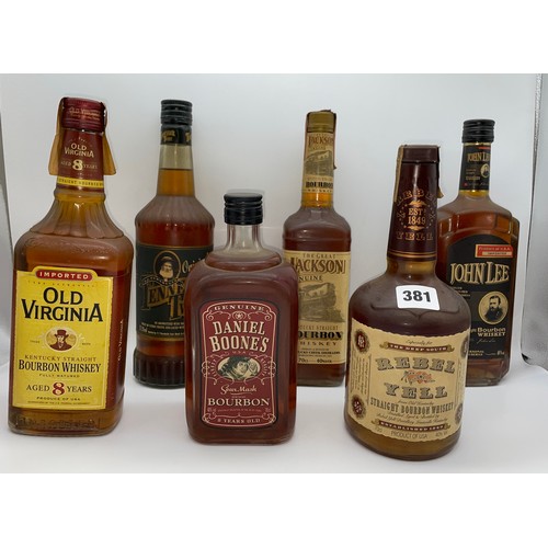 381 - SIX BOTTLES OF BOURBON WHISKEY, REBEL YELL, OLD VIRGINIA, THE GREAT JACKSON, JOHN LEE, DANIEL BOONES... 