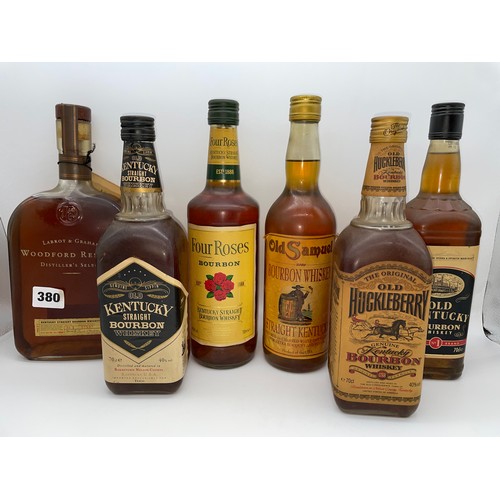 380 - SIX BOTTLES OF BOURBON WHISKEY, OLD SAMUEL, FOUR ROSES, OLD KENTUCKY, OLD HUCKLEBERRY, AND WOODFORD ... 