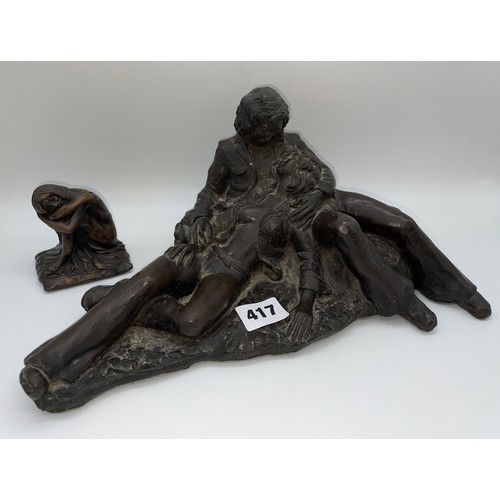 417 - JOHN LETTS BRONZED SCULPTURE OF THE SEATED KNEELING FEMALE, AND THE LARGER JOHN LETTS COUPLE FIGURE ... 