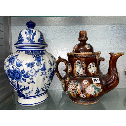 176 - STAFFORDSHIRE BARGEWARE TEAPOT A/F, AND A RIBBED BALUSTER JAR AND COVER