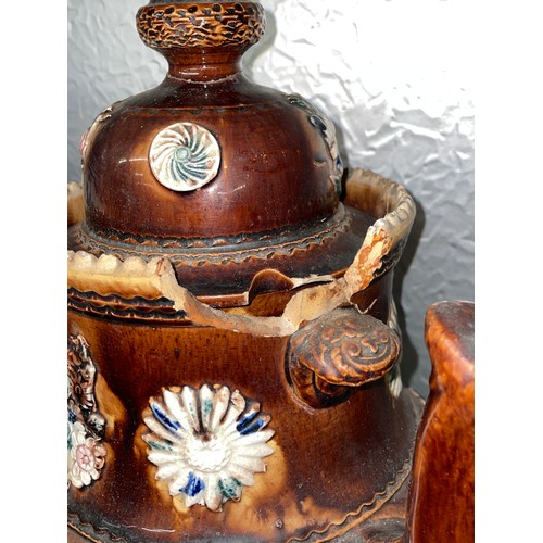 176 - STAFFORDSHIRE BARGEWARE TEAPOT A/F, AND A RIBBED BALUSTER JAR AND COVER