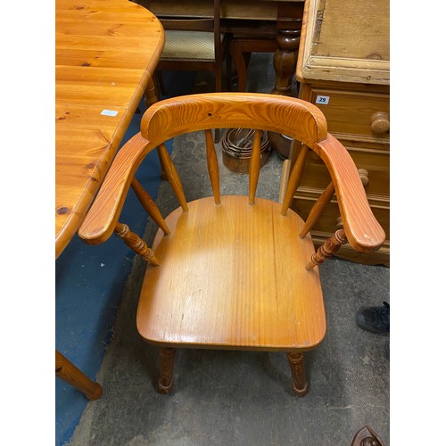 80 - PINE D END DINING TABLE AND PAIR OF SPINDLE RAIL BACK ELBOW CHAIRS