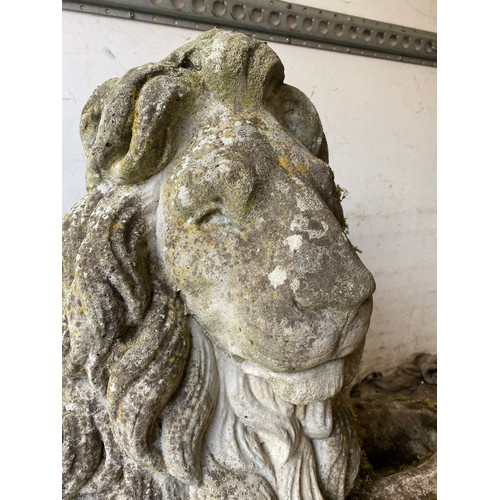 100 - PAIR OF STONE GARDEN DRIVEWAY RECUMBENT LIONS, BASE MEASURES 128CM X 43CM, 70CM HEIGHT (HEAVY LOAD)