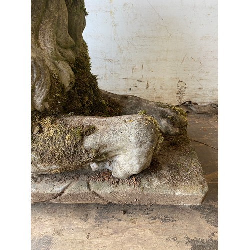 100 - PAIR OF STONE GARDEN DRIVEWAY RECUMBENT LIONS, BASE MEASURES 128CM X 43CM, 70CM HEIGHT (HEAVY LOAD)