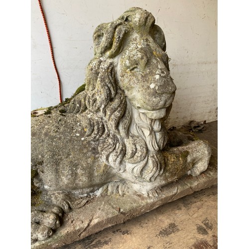 100 - PAIR OF STONE GARDEN DRIVEWAY RECUMBENT LIONS, BASE MEASURES 128CM X 43CM, 70CM HEIGHT (HEAVY LOAD)