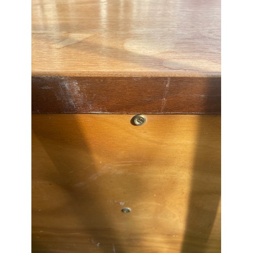 129 - MID 20TH CENTURY LONG TEAK SIDEBOARD WITH PINCHED HANDLES