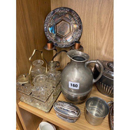 160 - SHELF OF ELECTRO PLATED HOTEL TEA SERVICES, TABLE LIGHTER AND SCROLL WORK CANDLESTICK HOLDER, ETC.