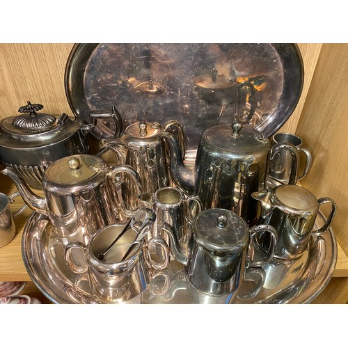 160 - SHELF OF ELECTRO PLATED HOTEL TEA SERVICES, TABLE LIGHTER AND SCROLL WORK CANDLESTICK HOLDER, ETC.