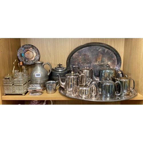 160 - SHELF OF ELECTRO PLATED HOTEL TEA SERVICES, TABLE LIGHTER AND SCROLL WORK CANDLESTICK HOLDER, ETC.