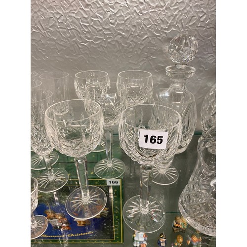 165 - TWO WATERFORD CRYSTAL DECANTERS, TALL WINE GLASSES, FLUTES AND OTHER GOOD QUALITY GLASSWARE AND TUMB... 