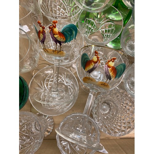 175 - THREE COCKEREL PAINTED GLASSES AND BOX OF GLASSWARE INCLUDING DECANTERS, AND GREEN STEM GLASSES