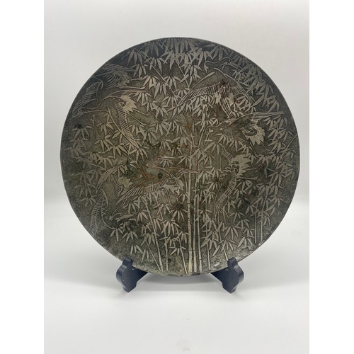 163 - JAPANESE CRANE DECORATED PEWTER PLATE