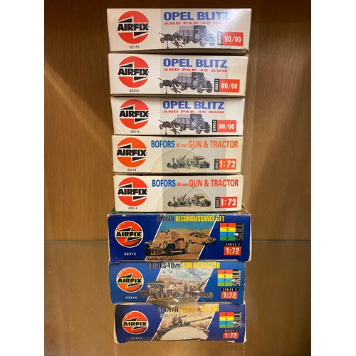 211 - AIRFIX 1.72 MODEL KITS -  THREE 0215 OPAL BLITZ GUNS, TWO 02314 GUN AND TRACTOR, AND ARMOURED CAR AN... 