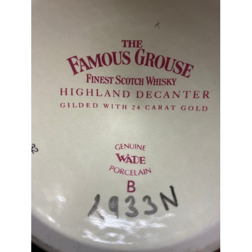 239 - LARGE BOWL OF VARIOUS CARVED WOODEN AND CERAMIC OWL FIGURES, AND PAIR OF FAMOUS GROUSE WHISKEY FLASK... 