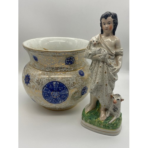 242 - 19TH CENTURY STAFFORDSHIRE FIGURE OF SHEPHERD WITH LAMB, AND A FENTON BULBOUS JARDINIERE