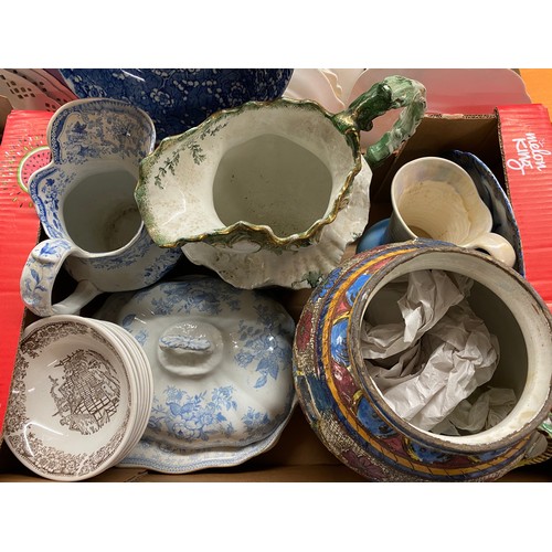 249 - CARTON - STAFFORDSHIRE WASH JUG, BLUE AND WHITE TUREEN AND COVER, PRUNUS BOWL, AND TWO MEAT PLATTERS