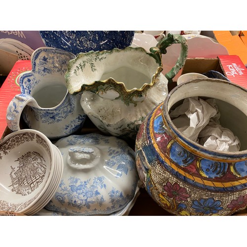 249 - CARTON - STAFFORDSHIRE WASH JUG, BLUE AND WHITE TUREEN AND COVER, PRUNUS BOWL, AND TWO MEAT PLATTERS