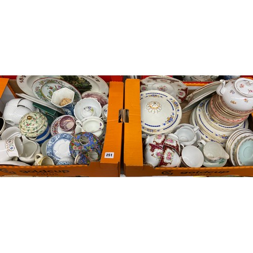 251 - TWO CARTONS - VARIOUS BONE CHINA CERAMICS, PART TEASETS, TUREENS AND COVERS, ETC