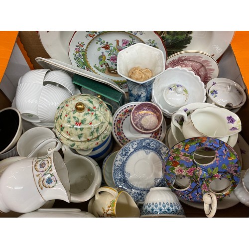 251 - TWO CARTONS - VARIOUS BONE CHINA CERAMICS, PART TEASETS, TUREENS AND COVERS, ETC